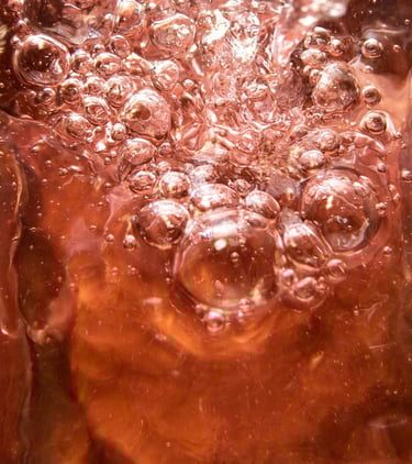 Un zoom a un té de kombucha, se aprecia burbujeante por sus levaduras.