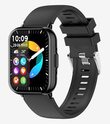 Black waterproof smartwatch with a silicone strap and fitness tracking display showing apps and health data.