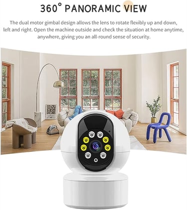 A white 360-degree panoramic smart home security camera with a dual motor gimbal in a modern living room.