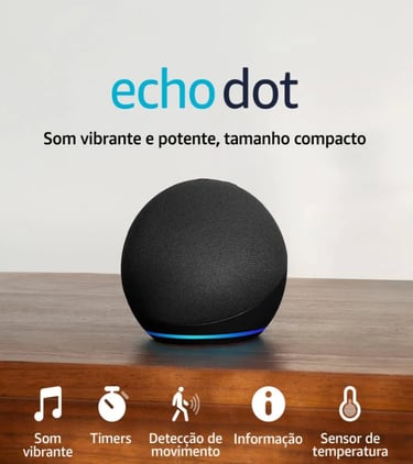 Black Amazon Echo Dot smart speaker with motion detection and temperature sensor icons.
