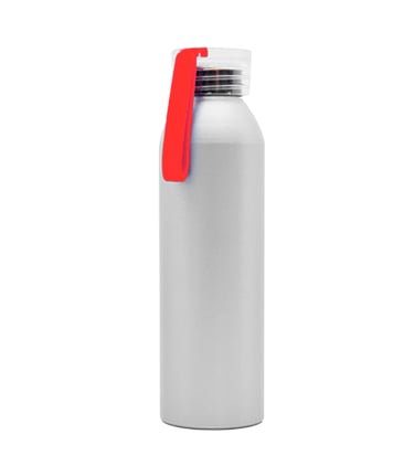 A sleek, silver aluminum water bottle with a red loop, perfect for hydration and travel, isolated on a white background.