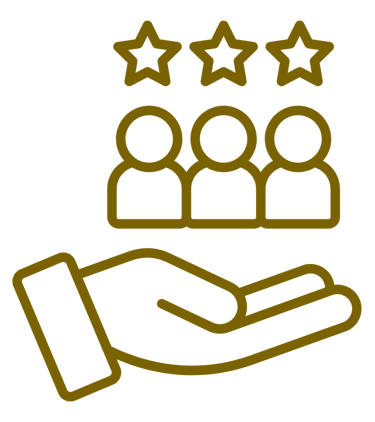 Gold customer review icon showing three person figures and stars held by a hand on a black background.