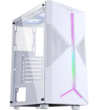a white computer case with a rainbow colored light