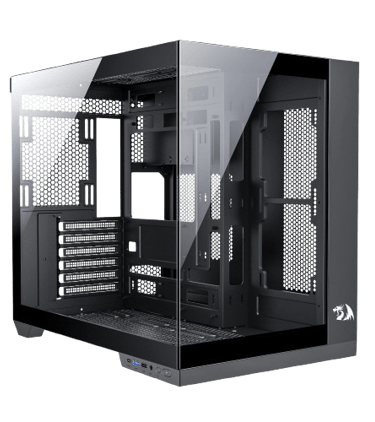a black computer case with a glass door