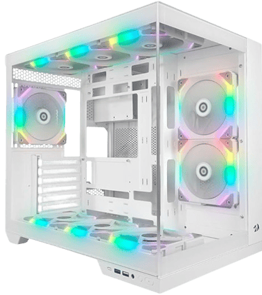 a white computer case with a rainbow colored lights