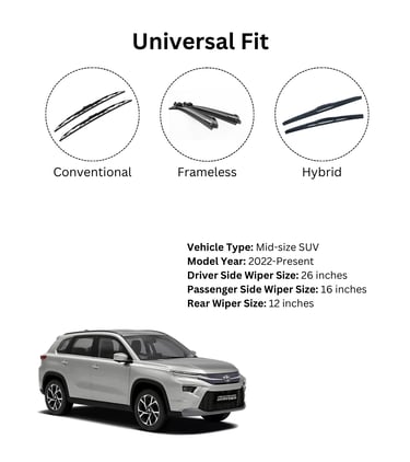 Wiper blade sizes for Toyota Hyryder – 26, 14, and 12 inch