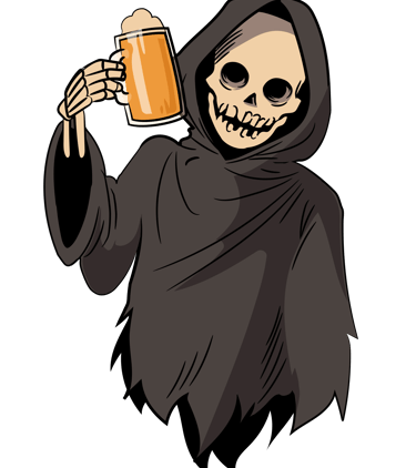 A cartoon Grim Reaper skeleton in a black hooded robe holding a frothy mug of beer.
