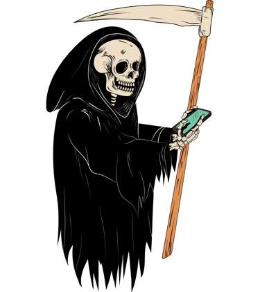 Grim reaper illustration wearing a black cloak while using a smartphone and holding a scythe.