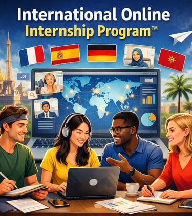 Diverse students collaborating online with global trade dashboard and world map in virtual internship setting.