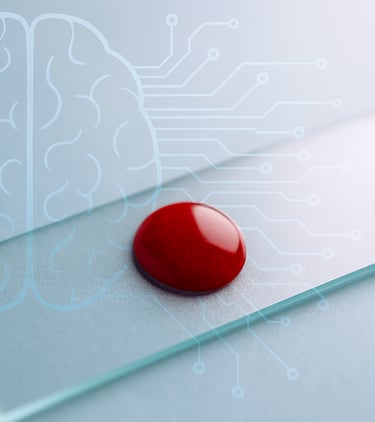 single blood drop on a lab slide, overlaid with a faint brain outline and circuit-like lines, captur