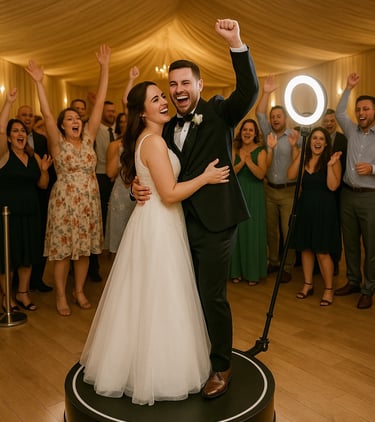 Bride and groom laughing in 360 wedding photo booth rental Bakersfield