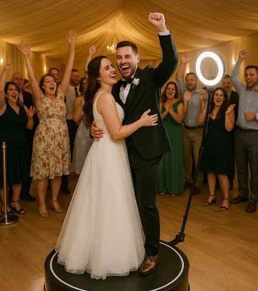 Bride and groom laughing in 360 wedding photo booth rental Bakersfield