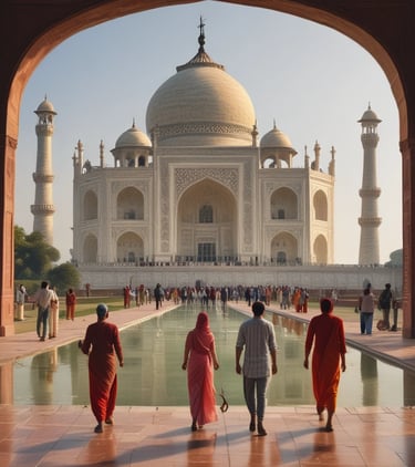 A group of tourists are gathered near the ancient ruins of a temple with large columns. The sky is overcast with clouds, and a person is walking towards the ruins wearing a backpack. The scene conveys a sense of exploration and historical significance.