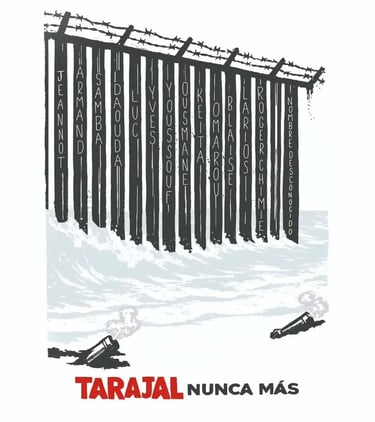 Illustration of the Tarajal border fence over ocean waves with names of victims for human rights awareness.