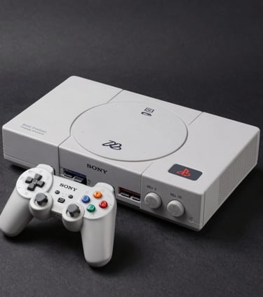 Sony PlayStation classic console in a retro neon-lit setup