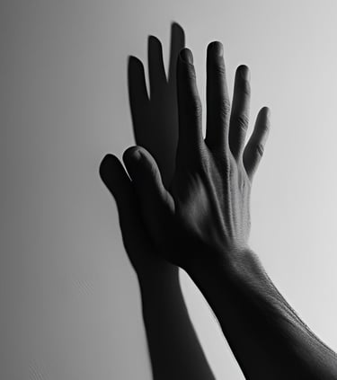 a man's hand pressed against the wall casting a shadow in black & white photo for LVF shadow work