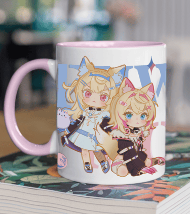 a mug cupcake with a picture of two girls in the background