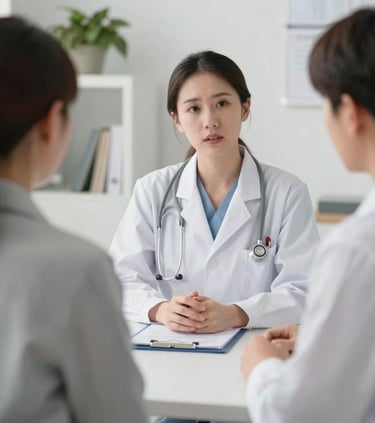 A female doctor in a white lab coat with a stethoscope talking to a couple during a medical consultation.