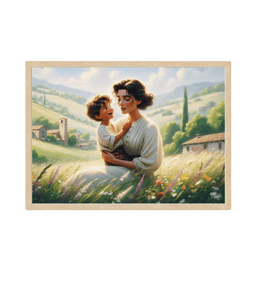 a woman holding a child in a field Italian Poster