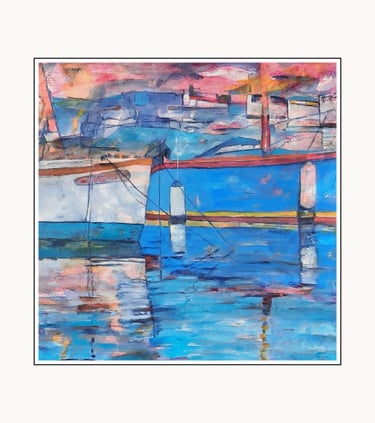 Azur by Coby Hurtak. Abstract painting of two boats reflecting in blue water with a pink sky.