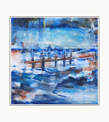 In the Storm by Coby Hurtak. Abstract painting of a wooden boardwalk extending into storm sea.