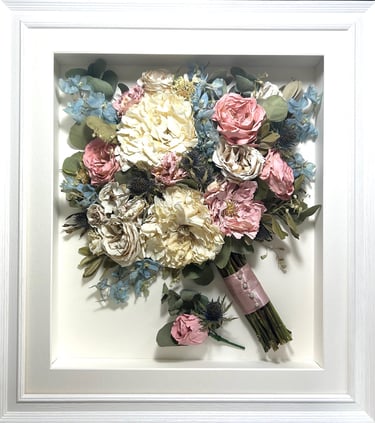 a side view preserved wedding bouquet in a frame