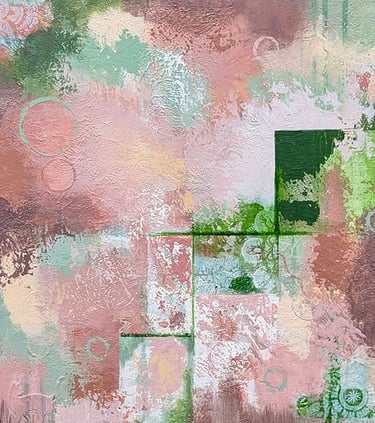 abstract painting in a variety of pink, cream, and green