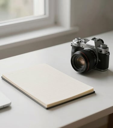 Minimalist shot of a designer's desk with a notepad and a high-end camera, soft natural light through a window, off-white and light gray color palette.