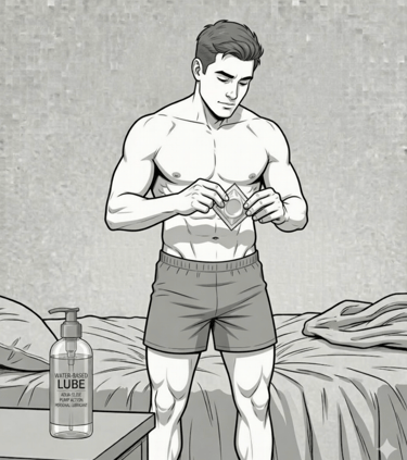 cartoon male in his underwear opening condom