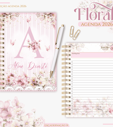Agenda Floral Rosa com inicial e nome na capa
