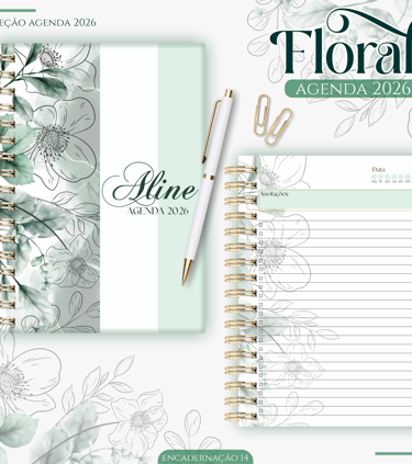 Agenda Com Nome na Capa Floral Verde