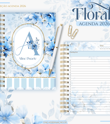 Agenda Floral Azul com Inicial do Nome