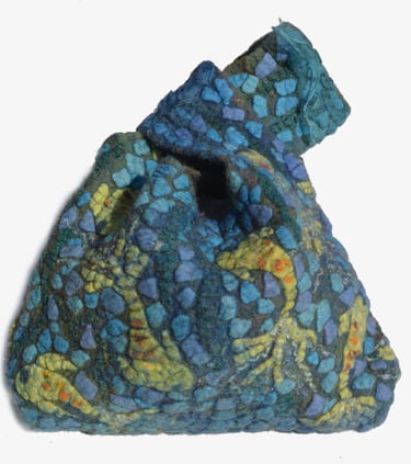 Handmade nuno felted bag with blue and green mosaic wool patterns and a unique knot closure.