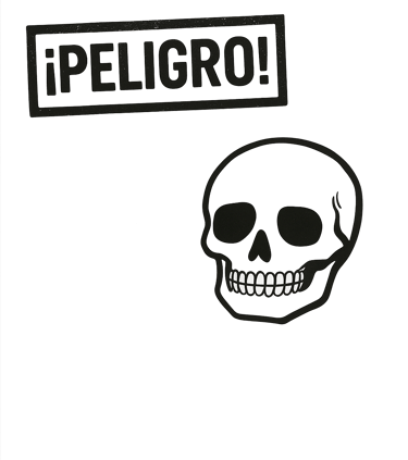 Icono de advertencia de la novela 'Cagada Pagada' con un sello de ¡PELIGRO! y una calavera, ilustran