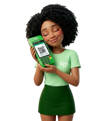 Suzane mascote TON apresentando a maquininha T3