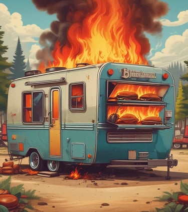 Vintage camper van on fire in a forest campground with flames coming out of the back window.