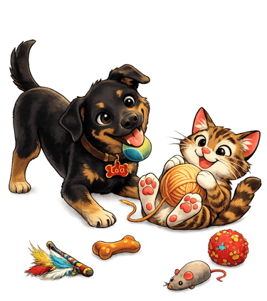 Loki and cat playing with toys, repair and reuse, don't throw away