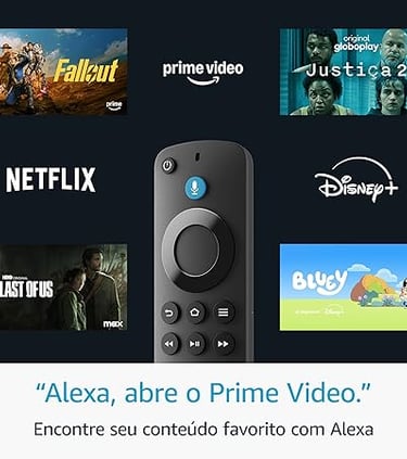 Amazon Alexa voice remote surrounded by streaming service icons like Netflix, Disney Plus, and Prime Video.