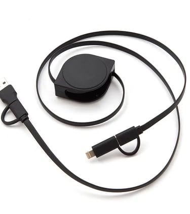 Retractable black USB to Lightning charging cable with a compact circular reel design on a white background.