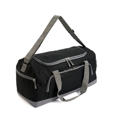 Black and grey duffel bag with shoulder strap and multiple zippered pockets for gym or travel.