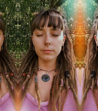 a woman with long dreadlocks and a pink shirt