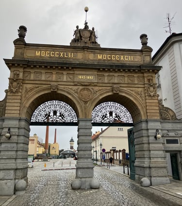 Famous and historic arches of the Pilsner Urquell Brewery in Pilsen Czech Republic