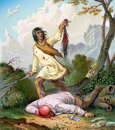 Um índio americano segurando uma faca e um escalpe sobre um homem deitado no chão. 1860.