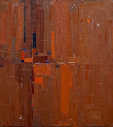 Close-up of a textured mixed-media painting blending traditional motifs with modern abstraction.