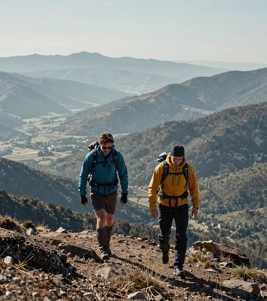 Two professionals in outdoor gear walking side-by-side along a high ridge in the Black Mountains. The background shows a vast expanse of valleys in muted sage and dark forest green.