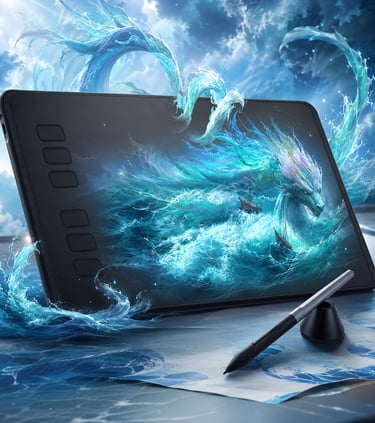 Tableta gráfica digital que muestra una ilustración mágica de un dragón azul de agua creada con un l