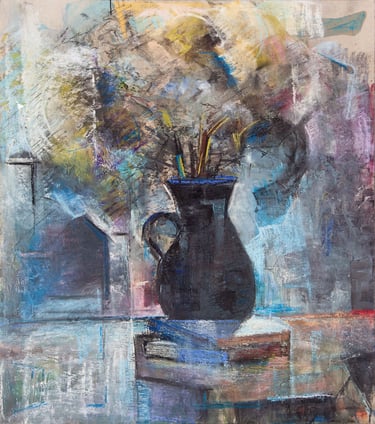 Flores secas, óleo y pastel del artista pintor Argi Girón. Dried flowers artist painter still life