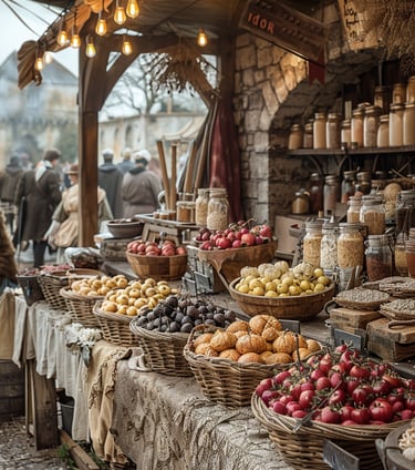Un présentoir de marché alimentaire style époque médiéval.