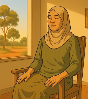 Malay woman sitting on chair indoors in Robinvale, eyes closed, gum trees outside, warm sunlight, peaceful expression.