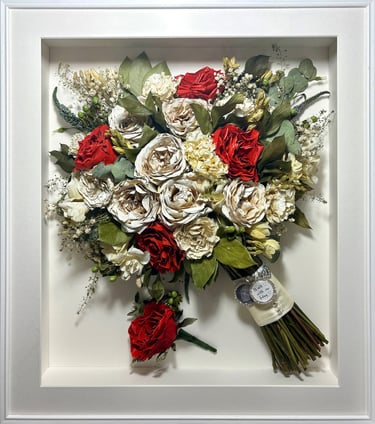 a side view preserved wedding bouquet in a frame